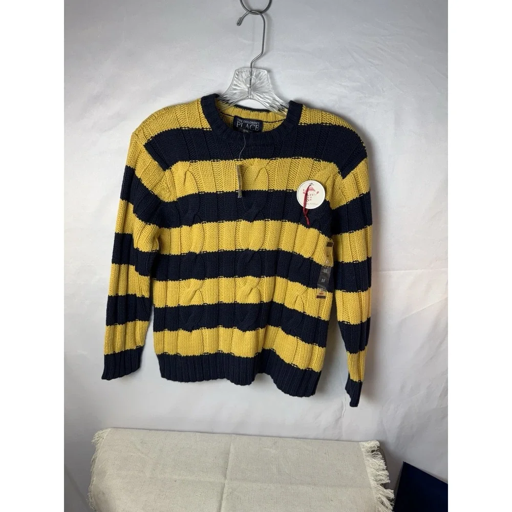 The Childrens Place Cable Knit Sweater  Blue Yellow Striped NWT Med 7‎ / 8